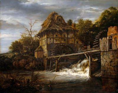 Dos molinos de agua con hombres abriendo una esclusa de Jacob van Ruisdael